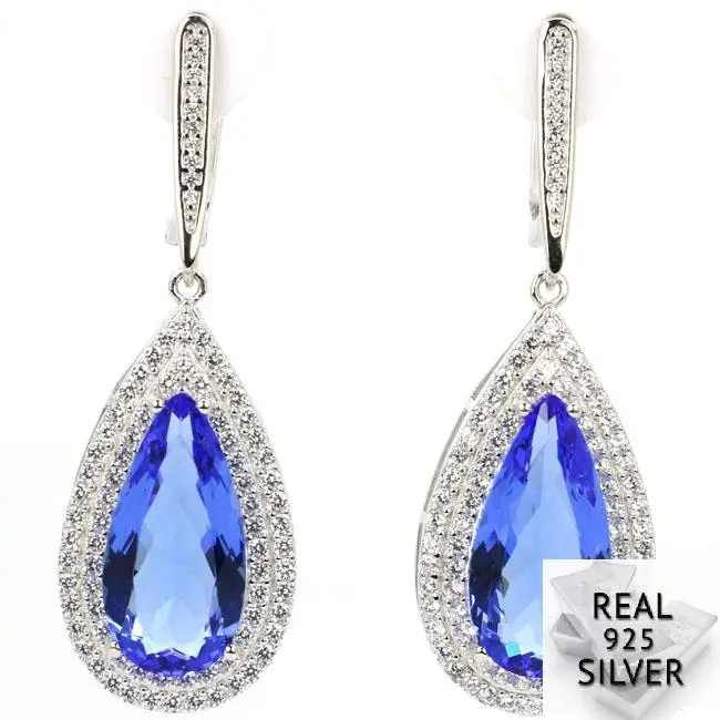 

11.5g Real 925 Solid Sterling Silver Luxury Drop Shape Rich Blue Violet Tanzanite CZ Earrings 47x17mm