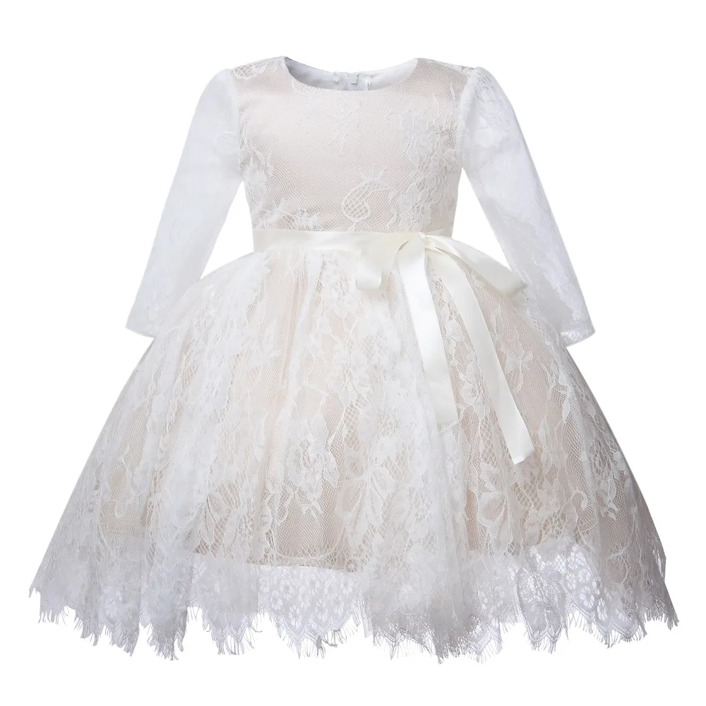 

Sweet Lace Baby Girl Wedding Party Dress Infant Kids Princess Long Sleeve 1 Year Birthday Party Dress Newborn Christening Gowns
