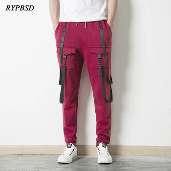 

Men High Street Fashion Solid Color Multi-Pocket with Belt Elastic Waist Hip Hop Jogger Pants Men Cargo Sweatpants Trousers 2XL