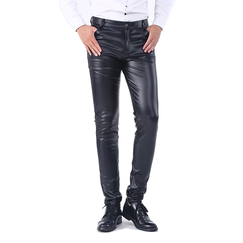 

Idopy Men`s Business Slim Fit Five Pockets Stretchy Comfy Black Solid Faux Leather Pants Jeans Trousers For Male