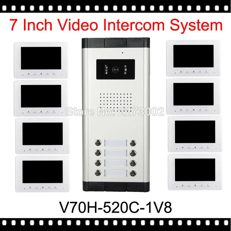 

white video phone doorbell unlock 7 inch 100 meter doorphone wired home intercom system with 8 colorful monitor and 1 ir camera