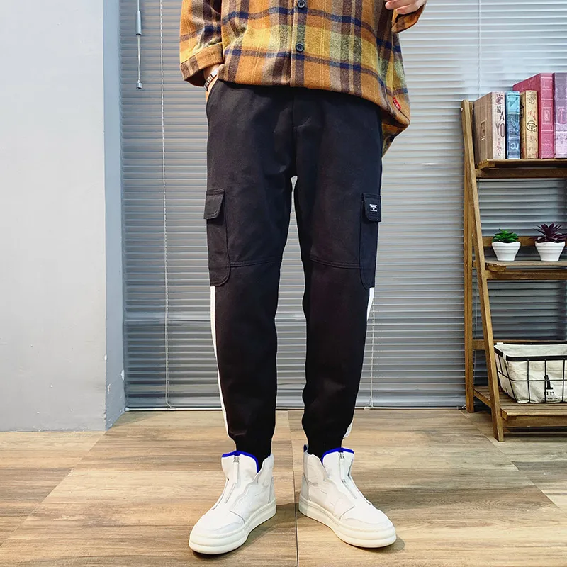 2019 Discount Only Today Polyester Pants For Men Black Stripe Solid Pocket Fashion Hip Hop Causal Korean Men Cargo Pants