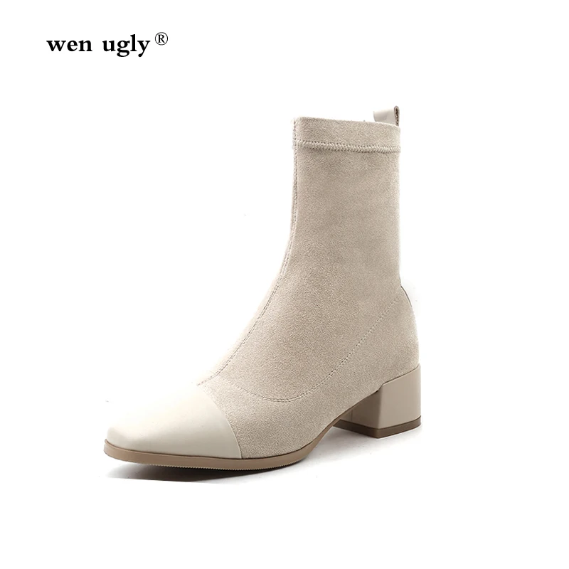 

wen ugly Stretch fabric short boots ladies winter boots leather ankle boots 2018 autumn women's shoes large size boots 35-42
