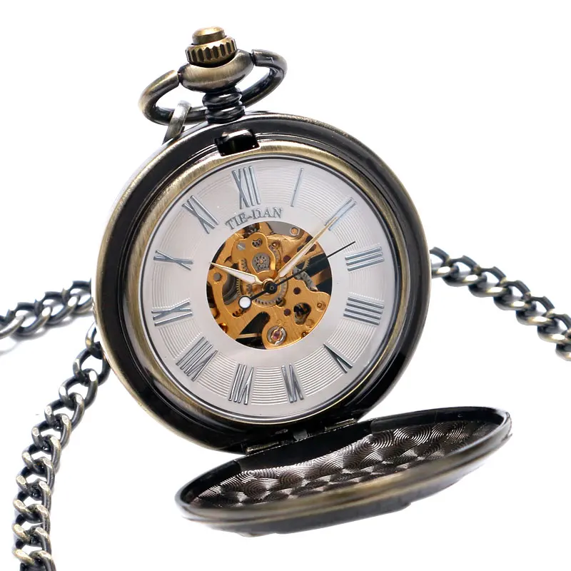 Винтаж карманные часы с двойным Hunter fob стимпанк Бег паровоз Для женщин кулон Механический ручной взвод классический Для мужчин цепи p1034c