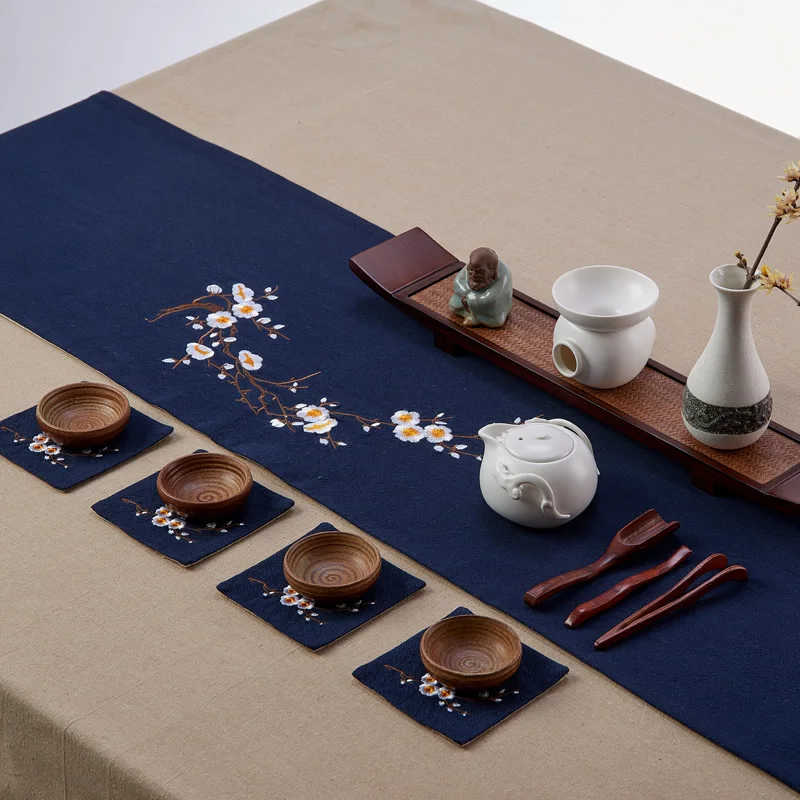 

Chinese Style Embroidery Tea Cup Placemat Vintage Linen The Plum Blossom Kungfu Tea Table Cup Mat Accessories