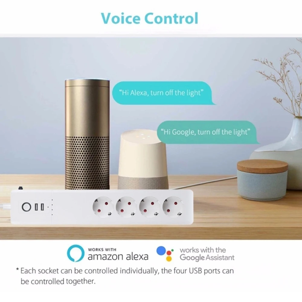 Умный сетевой фильтр Wi-Fi, защита от перенапряжения, штепсельная вилка европейского стандарта, розетки с 2 USB зарядными устройствами, удлинитель 1,5, работает с Google Home Alexa