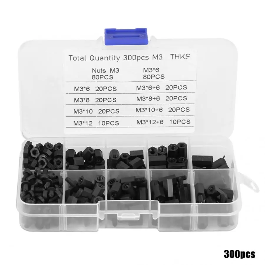 Tornillos de plastico 300 шт. черный M3 мужской женский стойки шурупы гайки набор с коробкой