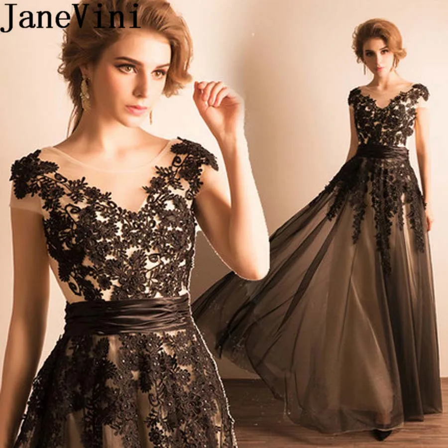JaneVini Ливан черный кружево вечернее платье Длинные бисером платья с аппликацией для официального приема тюль невесты Мать платья для