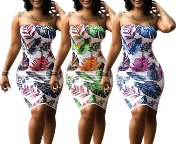 

Women Leaf Print Beach Dress Strapless Bikini Cover Summer Sleeveless Bodycon Evening Party Cocktail Mini Dress Sundress S-3XL