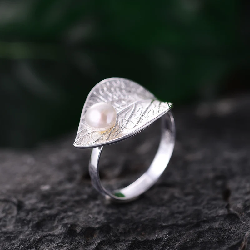 Lotus Fun Real 925 Sterling Silver Natural Pearl 18K Gold Leaf Ring Fine Jewelry Creative Designer Open Rings for Women Bijoux - Image 3