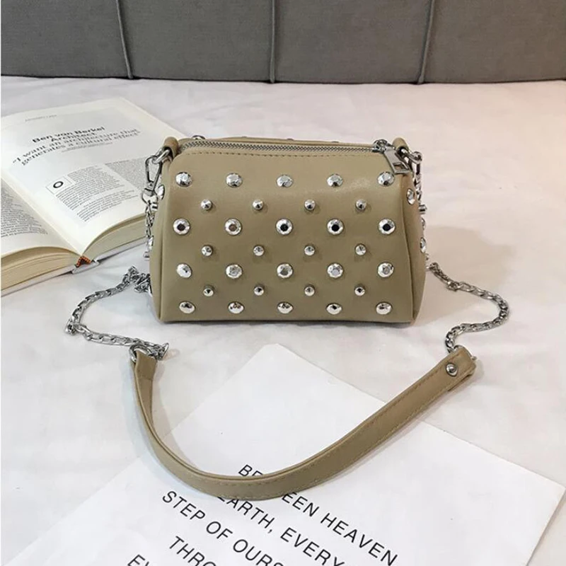 Yogodlns Bags For Women New Fashion Rivet PU Leather Women Bag Diamonds Shoulder Messenger Bag Chains Small Flap Crossbody Bag