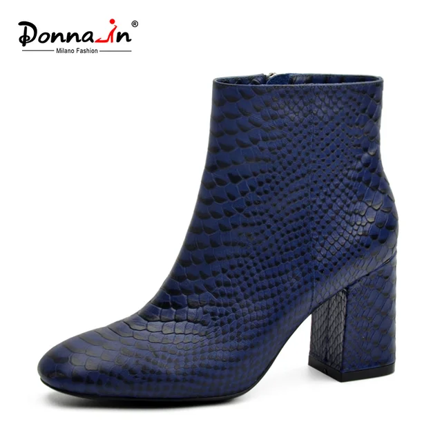 Donna-in/Новинка 2018 года, ботильоны, пикантная женская обувь из змеиной кожи, ботинки из натуральной кожи с квадратным носком на толстом высоком каблуке с тиснением под питона