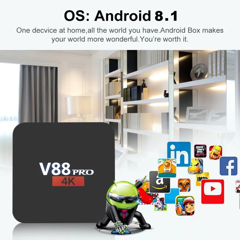 

HAOSIHD v88 pro tv box android 8.1 kDdi 2gb 16gb Smart 4K HDR H265 KDDI USB 3.0 WIFI Bluetooth 4.0 Media Player