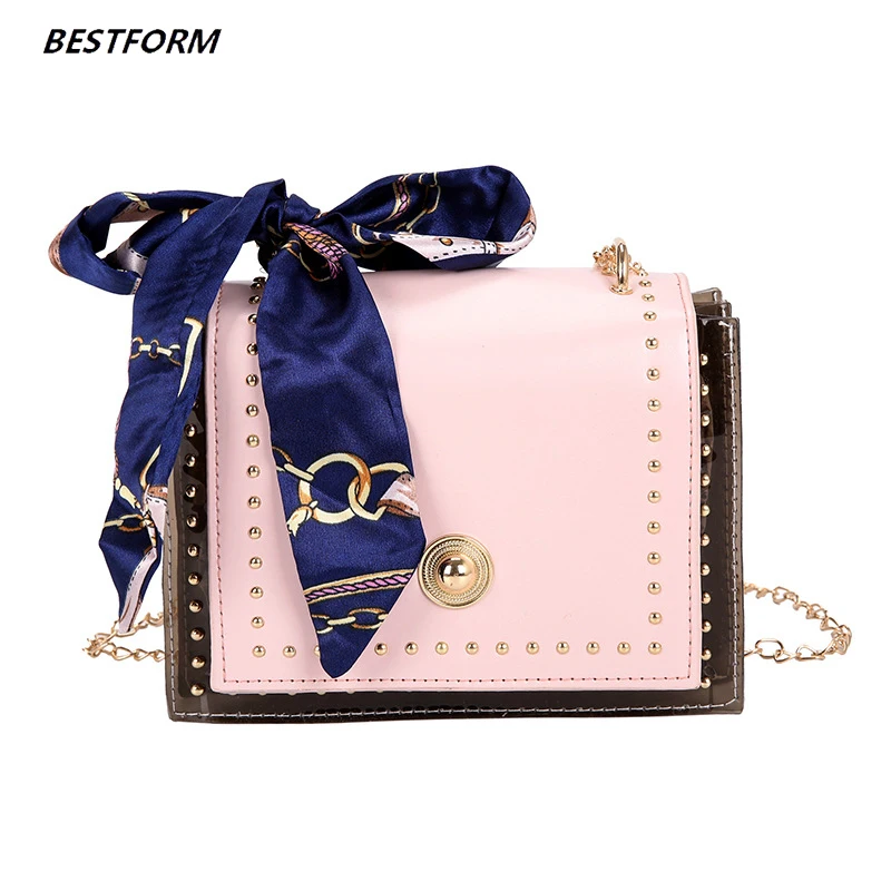 

BESTFORM Transparent Jelly Bags For Women Mini Chain Luxury Ladies Shoulder Bag Leather Korean Scarves Hasp Female Messenger Bag