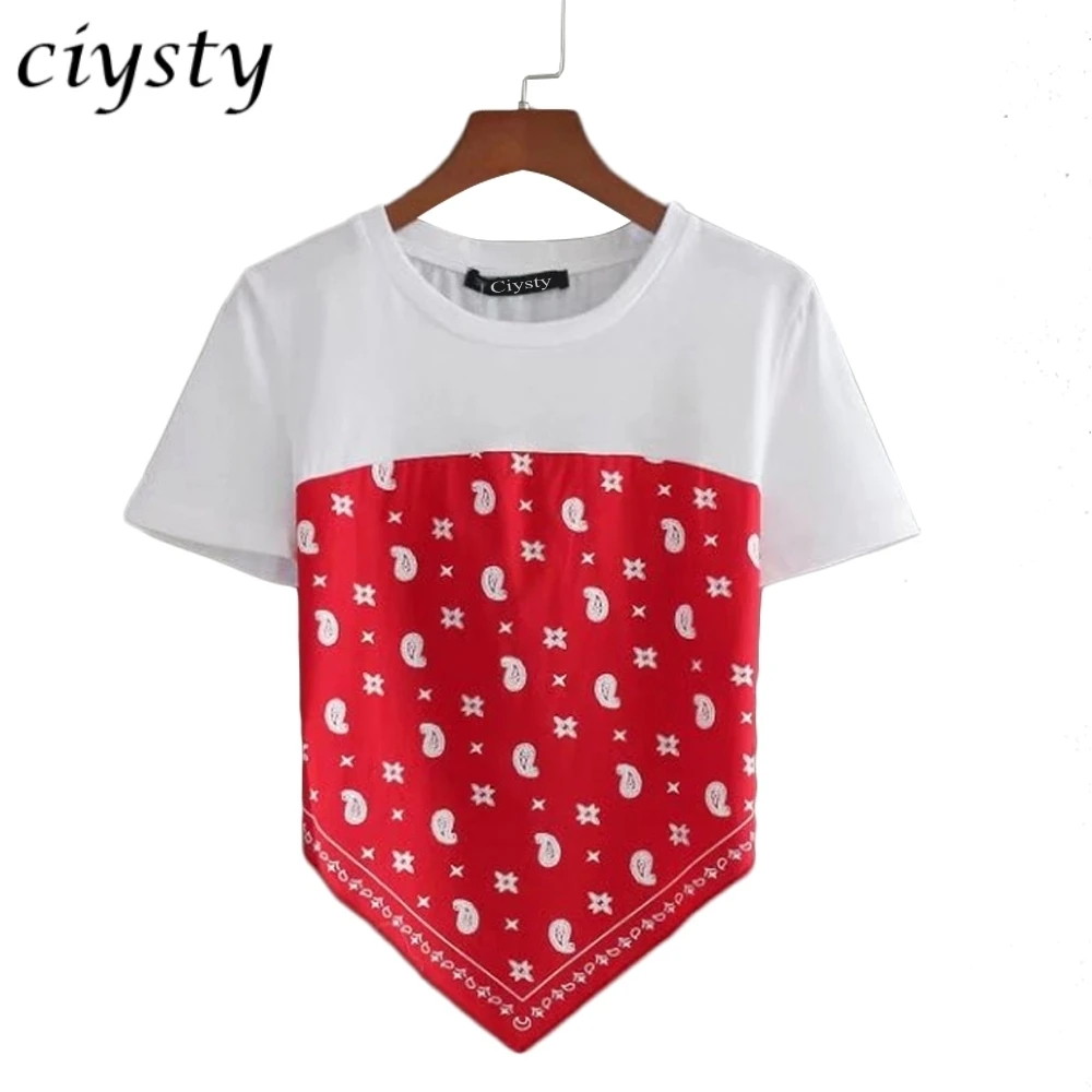 2017 Women Red Print Patchwork T Shirts Cute Elastic Wais Hem Irregular