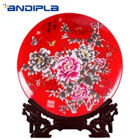 10 inch Jingdezhen Ceramic Porcelain Crafts Chinese Peony Flower Decoration Plates Red Round Dish Base Living Room Ornaments Art