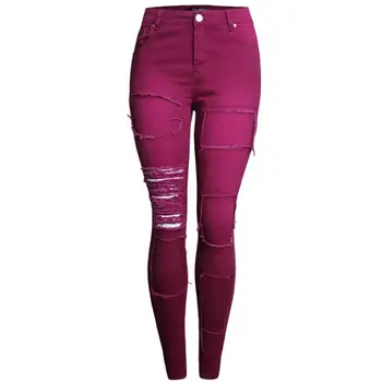 

2018 summer Women Plus Size 26-31 wine red High Waisted Stretch Ripped Skinny Jeans hole pencil jeans