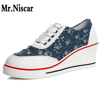 

6cm Height Increase Wedges Ladies Canvas Shoes Low Top Woman Viscose Shoes Korean Casual Sneakers Denim Shoes Platform Women