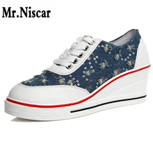 6cm Height Increase Wedges Ladies Canvas Shoes Low Top Woman Viscose Shoes Korean Casual Sneakers Denim Shoes Platform Women