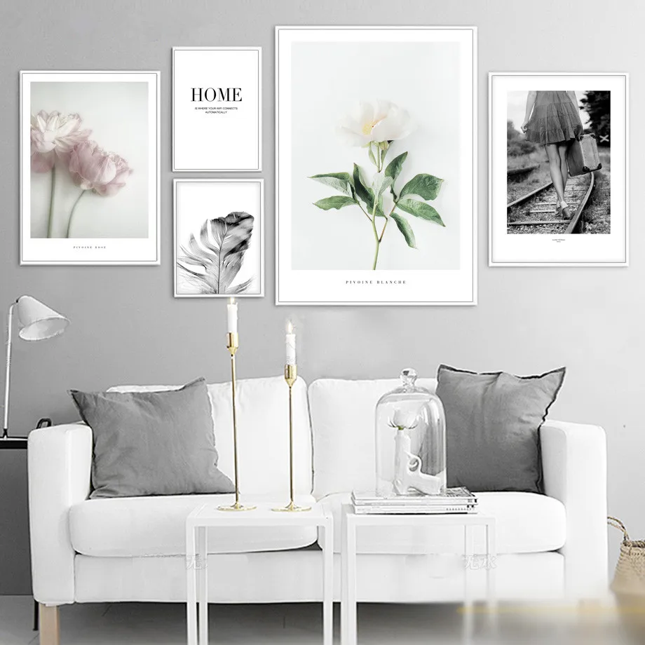 

White Rose Pink Flower Feather Wall Art Canvas Painting Nordic Posters And Prints Wall Pictures For Living Room Bedroom Decor