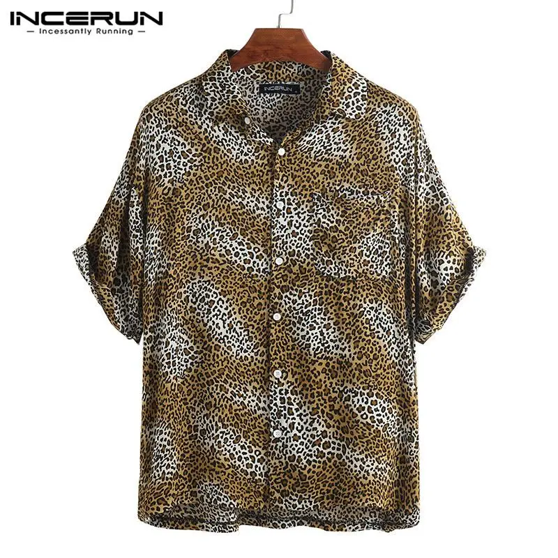 INCERUN модная леопардная Печать рубашка мужская Свободная с короткими рукавами и лацканами шеи Уличная Повседневная Блузка брендовые