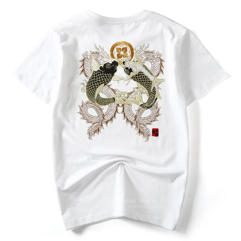 Высокое качество вышивка животное "Китайский журавль рыба" мужские футболки хип-хоп Японский китайский стиль Одежда Футболка 5XL