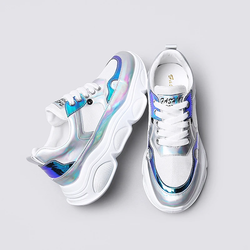 

2019 Sequined Cloth + Mesh Chunky Sneakers Women Breathable Glitter Platform Shoes Woman Basket Femme Trendy Thick Soles Shoes
