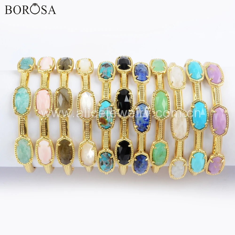 

BOROSA 4pcs Women Gems Bangle Natural White Shell chrysoprase Jades Three-stones Fashion Bracelet Jewelry ZG0375