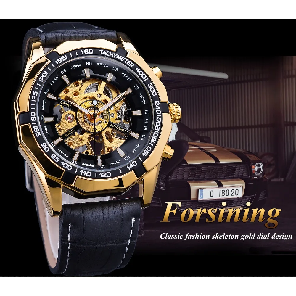 Forsining Waterproof Golden Black Skeleton Clock Two Button Decoration Mechanical Wrist Watches for Men Black Genuine Leather