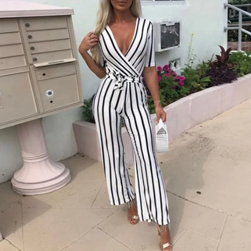 2018 Fashion Deep V One Piece Striped Women Overalls Waist Belted Wide Leg Office Sexy Bodysuit Bodycon Summer Elegant Jumpsuit 2018 Fashion Deep V One Piece Striped Women Overalls Waist Belted Wide Leg Office Sexy Bodysuit Bodycon Summer Elegant Jumpsuit