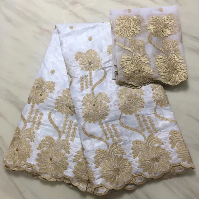 

(5+2 yards /set) high quality white and gold African lace fabric bazin fabric plus net lace set with embroidery for party BLS29