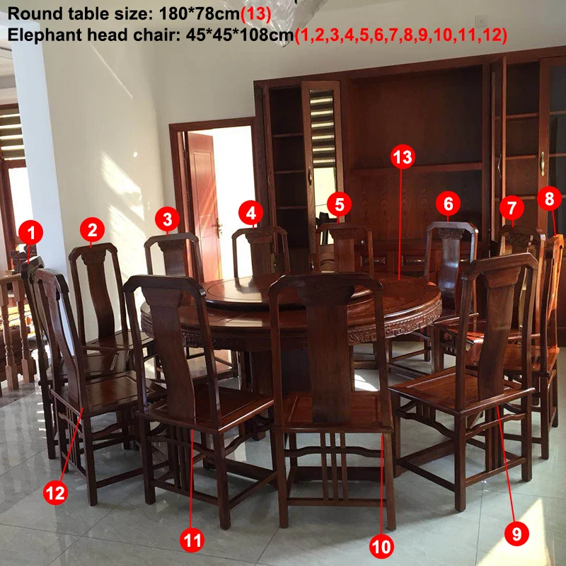 1.8M Hedgehog rosewood Round Table Set 12 Chair Solid Wood Armchair Desk Classic Red wooden Annatto Dining Room Furniture set