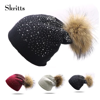 

Skritts 1pcs Fashion Rhinestone Hats for Women's Skullies Beanies Autumn Winter Warm Female Wool Blend Caps Fur Pom Pom Hats