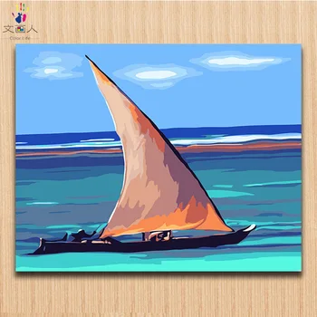 

Yacht boat Blue ocean pictures painting by numbers with colors modren simple canvas numbers paintings for children painting