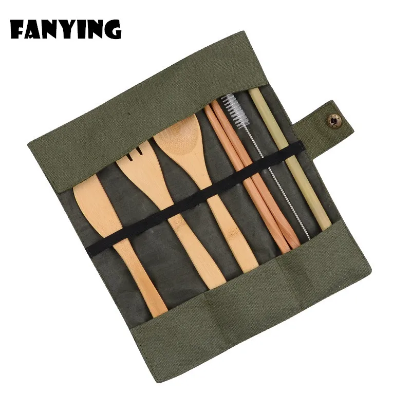 

6pcs Bamboo Eco-friendly Dinnerware Set with Cloth Bag Spoon Chopsticks Fork Straw Set Outdoor Travel Portable Safty Lunch Kit