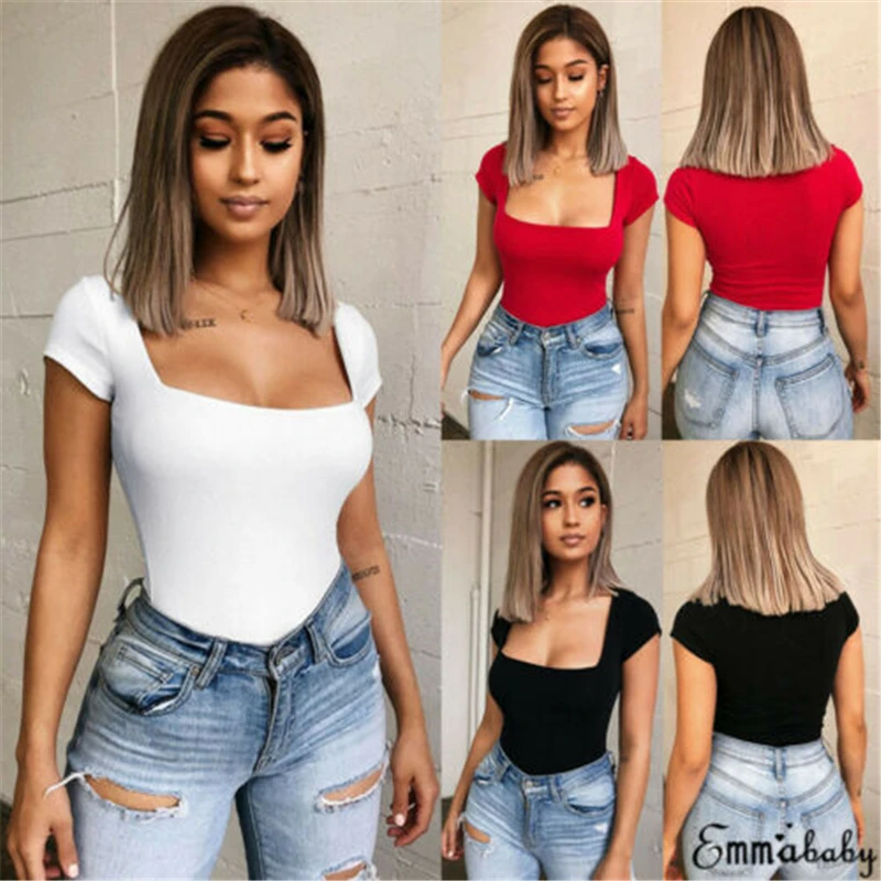 

Women Solid Bodysuit Bodycon Short Jumpsuit Romper Square Collar Short Sleeve Tops
