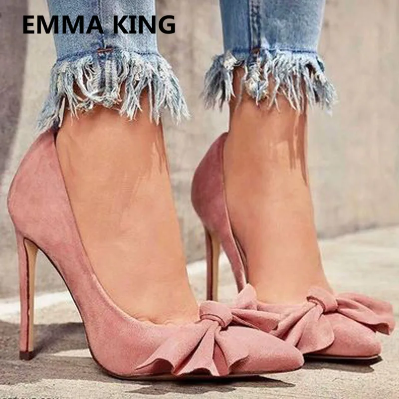 

2019 Pink Elegant Ladies Bow-Knot Pumps Pointed Toe Slip On Women Party Wedding Shoes Runway Shallow Sweet Female Thin Heel Pump