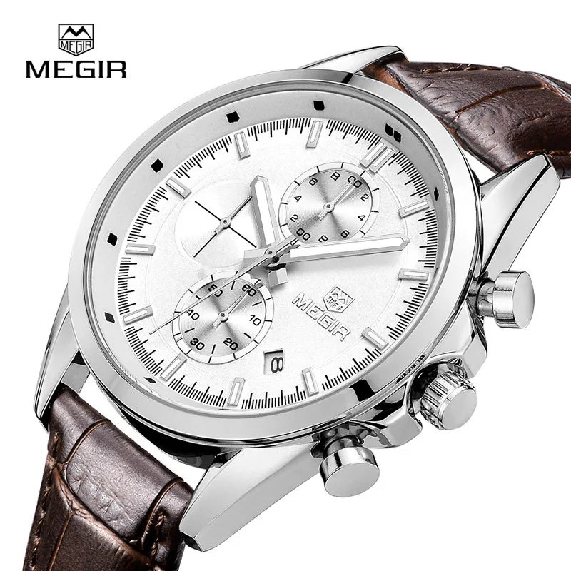 MEGIR Новые Модные Военные кожаные кварцевые часы мужские роскошные светящиеся Аналоговые часы с хронографом мужские наручные часы 5005
