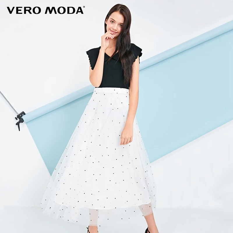 

Vero Moda Turn-down Collar Embroidered Splice Knitted Gauzy Dress | 31837B521