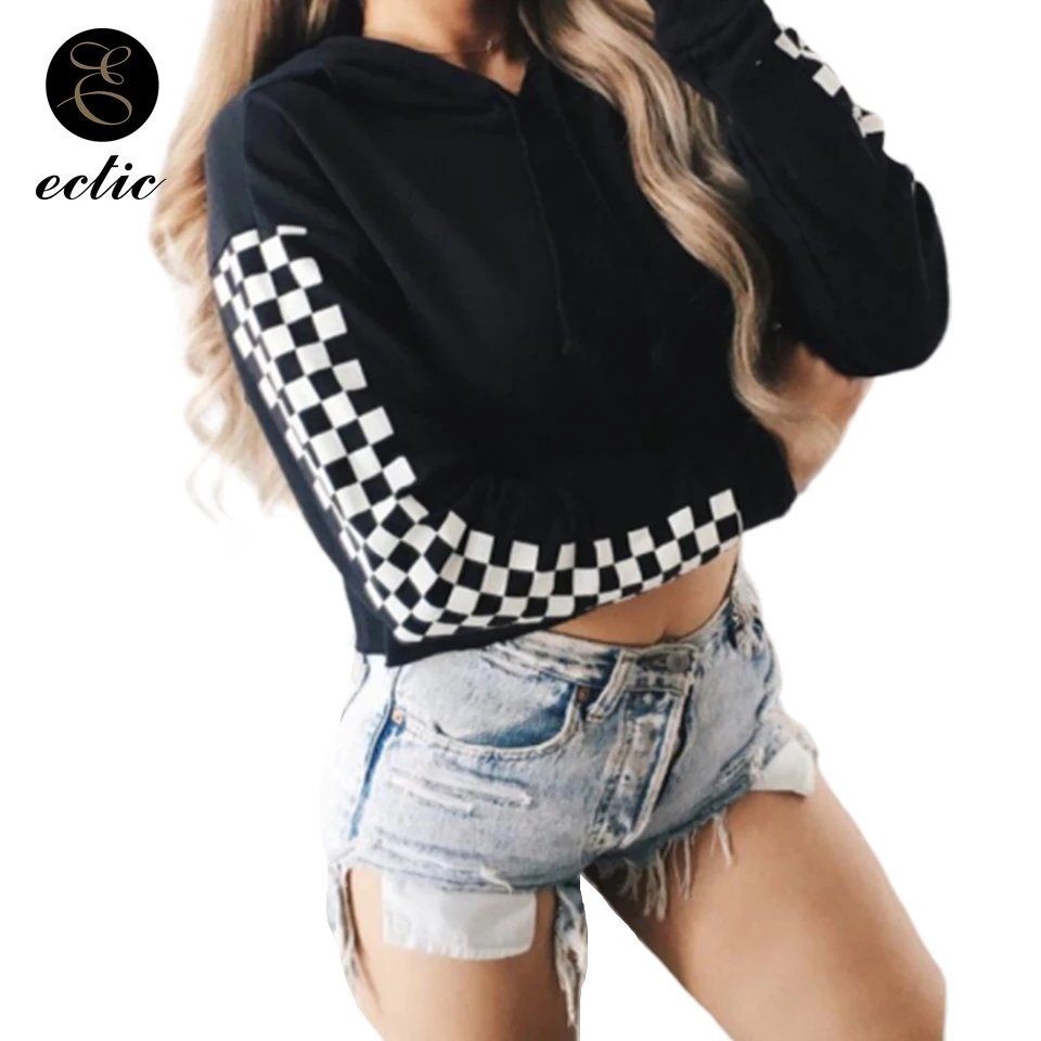 Cheap  Sweatshirt Crop Top Poleron Mujer 2019 Korean Oversized Hoodie Checkerboard Patchwork Pullover Plai