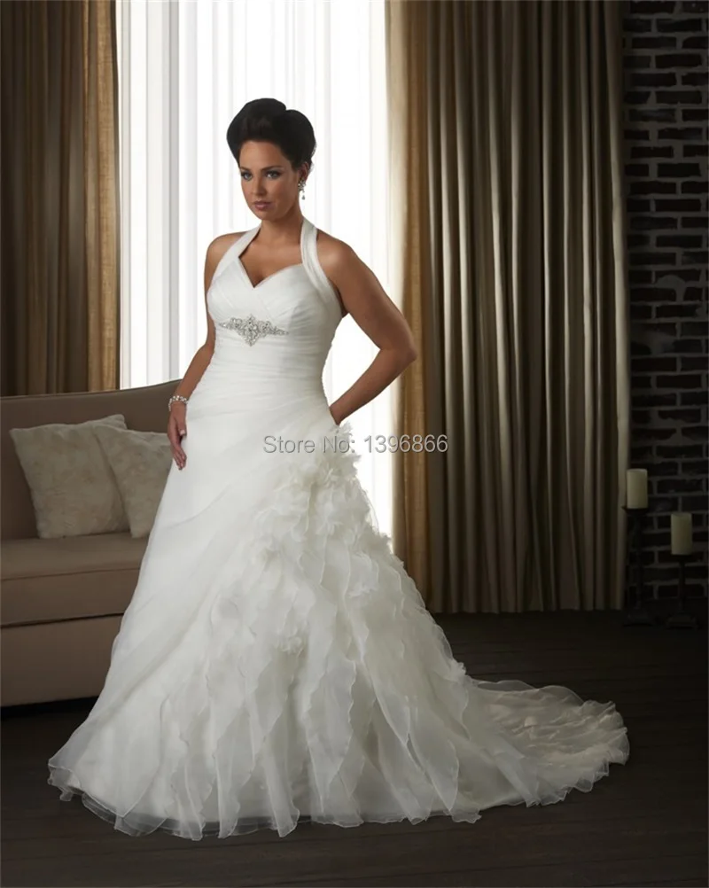 Plus Size Wedding Gowns Halter Neck Crystal Beaded 2015 Women Bridal Gown A Tiered Organza Vestido De Renda AW299 - AliExpress