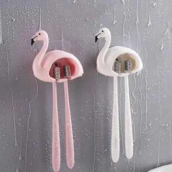 

2COLORS Flamingo Sucker 2 Position Toothbrush Holder Suction Hooks Bathroom Accessories Family Set Wall Bathroom