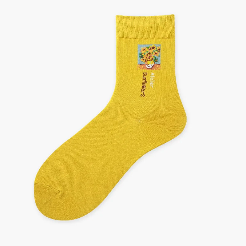 Новые Харадзюку Гог живопись повседневные женские носки хлопковые с забавным винтажным абстрактным рисунком носки для женщин лодыжки Твердые летние носки - Цвет: yellow