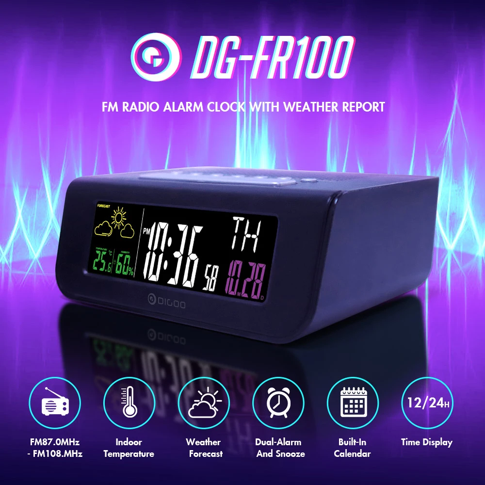 melhor Digoo DG FR100 SmartSet Previsão do Tempo Despertador Digital Sem Fio Dormir com Rádio Relógio FM Tela Colorida Mutifunctional