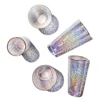 

Japanese Style Colorful Glass Cup New Hammer Wood Grain Golden Rim Tea Cup Juice Water Cup Office Household Drinkware