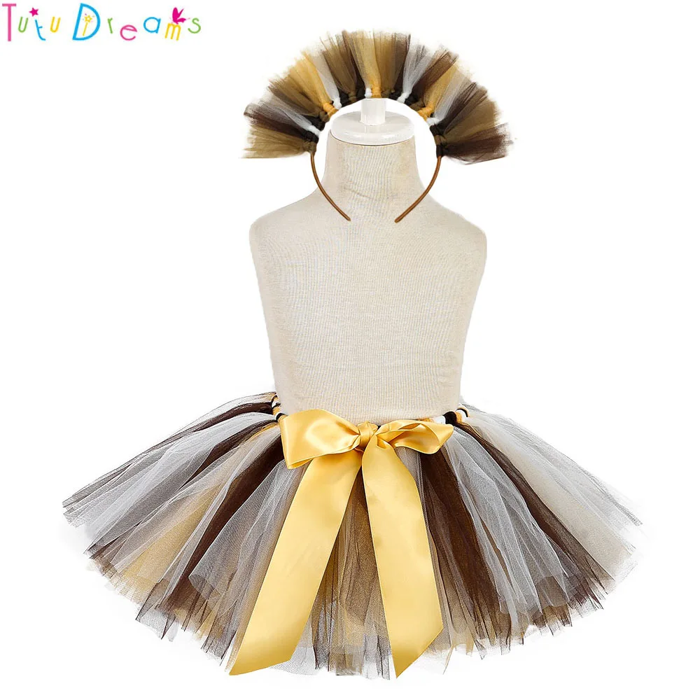 

Cute Princess Girl Little Lion Cosplay Tutu Skirt with Matching Headband Brown White Lions Theme Birthday Party Tulle Skirts