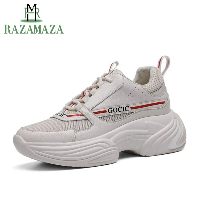 

RAZAMAZA 2019 New Brand Women Platform Sneakers Genuine Leather Mesh Vulcanized Shoes Breathable Women Leisure Shoes Size 35-39