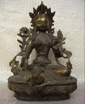 

12"Tibet Buddhism Bronze Gild Green Tare Kwan-yin Bodhisattva Buddha Statue