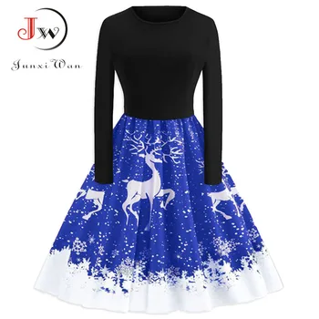 

Plus Size Christmas Dress Women Winter Elegant Vintage Swing A Line Bodycon Midi Dresses Black Santa Claus Print Party Dress