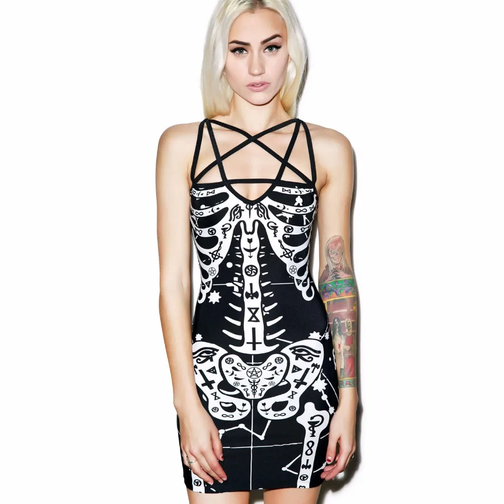 

Women Summer Gothic Skeleton Print Dress Sexy Black Spaghetti Strap Night Club Dress Rock Punk Party Mini Dresses For Female